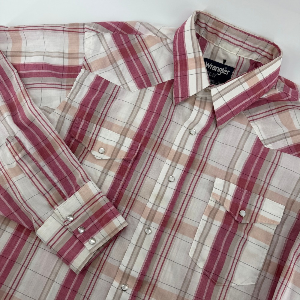 Wrangler Cowboy Cut Western Shirt Mens 15-33 Red Pink Plaid Pearl Snap Long Tail